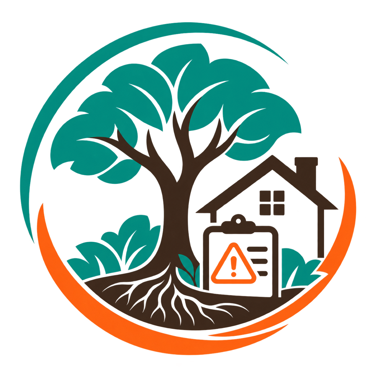 Tree risk assessment icon with a tree, house, and warning clipboard